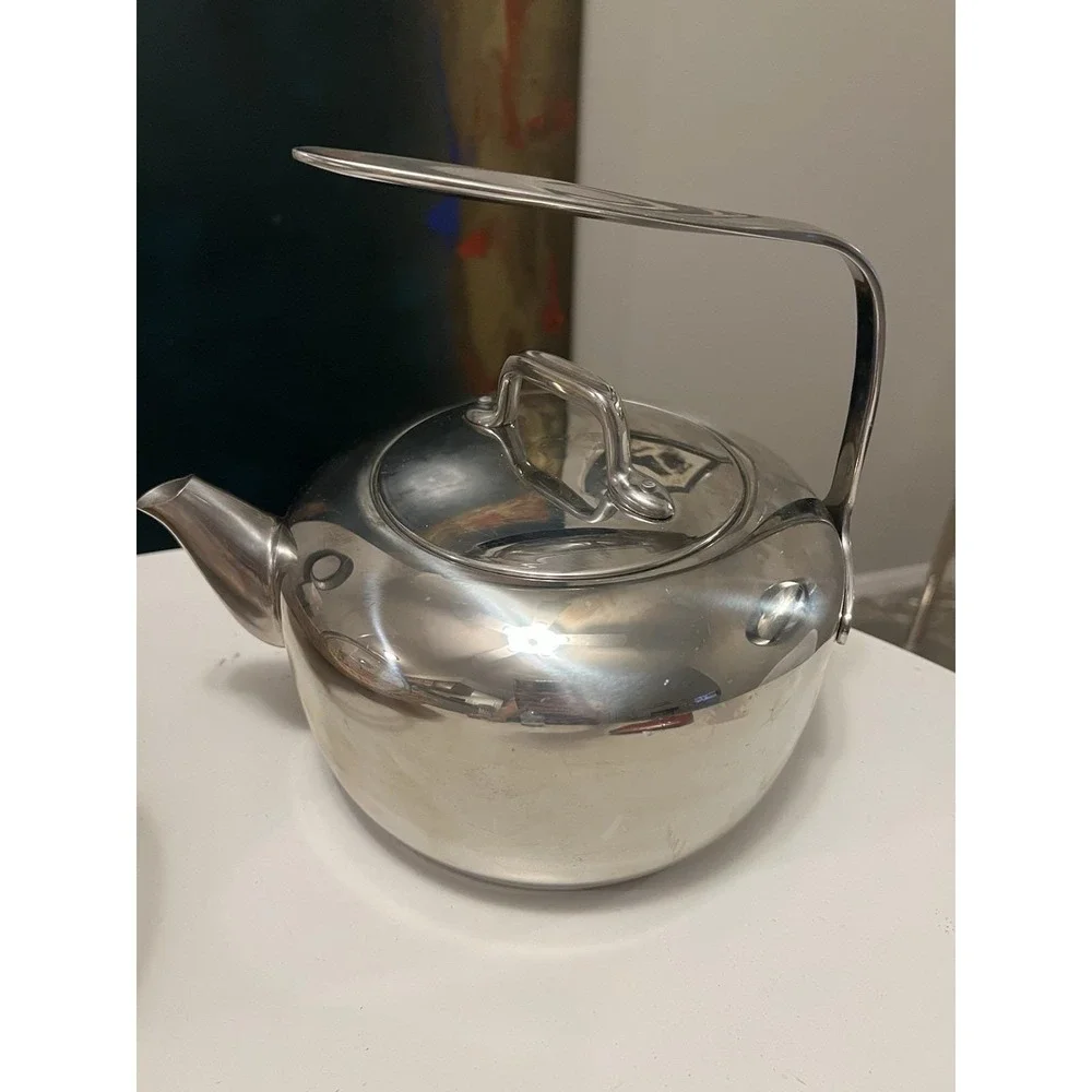 Vtg Lagostina Stainless Steel Stovetop Tea Kettle Dramatic Architecural Handle